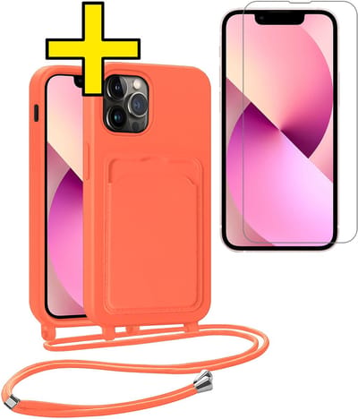 Hoesje Geschikt voor iPhone 13 Pro Telefoonhoesje Met Koord Case Pashouder Met Screenprotector Siliconen - Hoes Geschikt voor iPhone 13 Pro Hoesje Met Kaarthouder - Papaya
