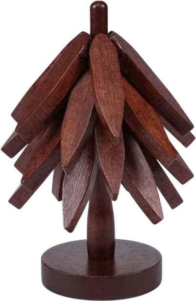 Boomvorm Houten Onderzetter Set – 4 Onderzetters + 1 Houder – Opvouwbare Pannenonderzetter voor Hete Gerechten, Schalen en Theepot – Keukenaccessoires - Donkerbruin