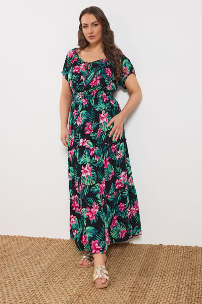 Yours Zwarte Tropische Bardot Maxijurk Met Strik Aan De Hals Size 42