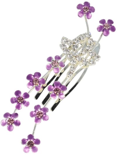 Haarsoires Haarspeld Sierkam Opsteekkam 2cm - Bloemetjes & Strass Steentjes - Metaal - Zilver Paars - Haarversierkam - Haar Versiering