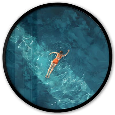 Poster in lijst Rond - Fotolijst 40x40 cm - Posters - Vrouw - Water - Bikini - Oranje - Ronde posterlijst zwart - Decoratie - Wanddecoratie woonkamer - Muurdecoratie slaapkamer