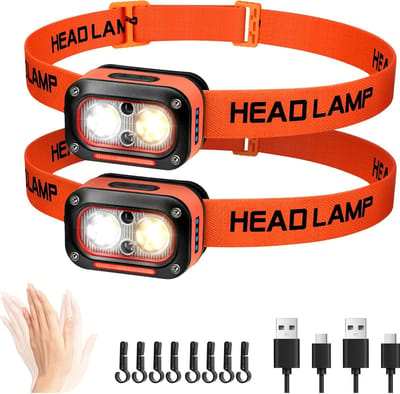 LED Hoofdlamp LED Hoge Lumen USB Oplaadbaar Wit, Warm, Rood Licht Hoofdlampen Headlamp met Bewegingssensor, Omhoog/Omlaag Verstelbaar, Waterdichte Hoofdlampen voor Kamperen, Joggen, 2-pak