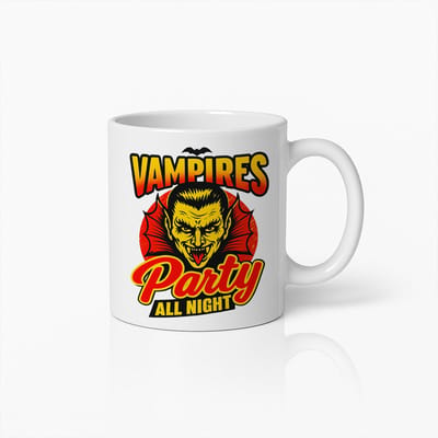 Vampires Party All Night Mok – 330ml Horror Koffiemok met Retro Dracula Design – Leuk Halloween Cadeau voor Vampierliefhebbers