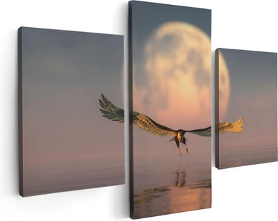Artaza Canvas Schilderij Drieluik Adelaar boven het Water bij de Maan - 90x60 - Foto Op Canvas - Canvas Print
