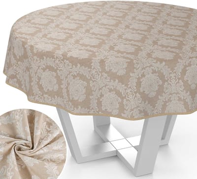 ANRO Tafelkleed Barok ornament Beige Rond Ø100cm Met sierband Afwasbaar Waterafstotend
