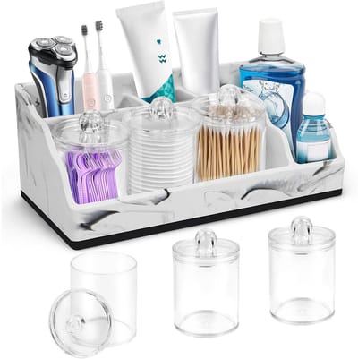 Tandenborstelhouder Badkamer van Hars - Badkamer Organizer met 3 Accessoires - Opbergrek voor Tandenborstels, Tandpasta en Badkameraccessoires - Wastafel Organizer - Wit