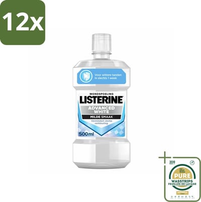 Listerine – Mondwater – Advanced White – Mild – 500 ml - Voordeelverpakking - 12 stuks - Frisse adem - Tandenverzorging