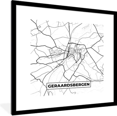 Fotolijst incl. Poster Zwart Wit- Zwart Wit – België – Plattegrond – Stadskaart – Kaart – Geraardsbergen - 40x40 cm - Posterlijst