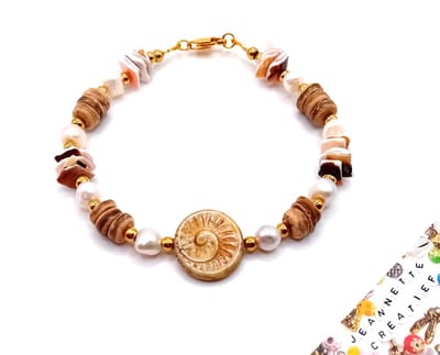 Jeannette-Creatief® - Beach - Armband Schelp Parel Kokos RVS Goud - Herenarmband - Armband - Handgemaakte Sieraden - Schelpenarmband - Armband met Zoetwaterparels - Parels - Zoetwaterparels - Kokosarmband - Vaderdag - Vaderdagcadeaus
