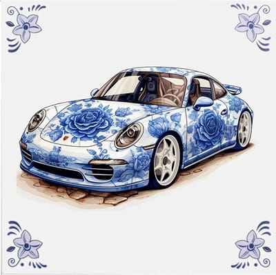 Delfts blauw tegeltje Porsche design - delfts blauw wandbord - delftsblauw - hollandse cadeautjes - wanddecoratie - decoratieve accessoires