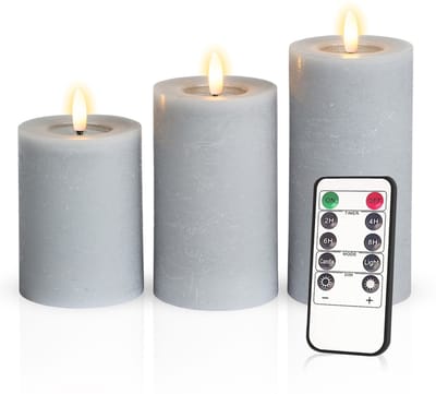 Meisterhome – 3 x Led Stompkaars - Fluweelgrijs – Stompkaars Echte wax - Led kaarsen - 10 / 12.5 / 15 cm Hoog - Met afstandsbediening – Timer 2/4/6/8 uur – Dimbaar