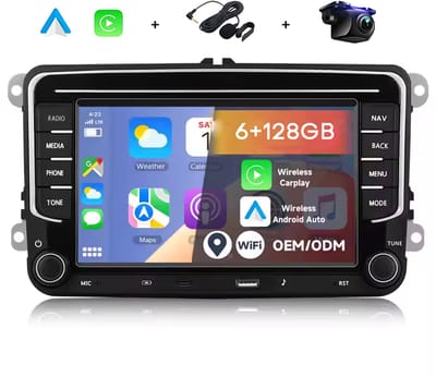 Boscer Autoradio - Geschikt voor Volkswagen, Skoda & Seat - Android 15 - 6+128GB - Apple Carplay & Android Auto - 7 Inch IPS HD Touchscreen - Bluetooth, USB, USB-C, Wifi & MP5 - Navigatiesysteem - Achteruitrijcamera & Microfoon