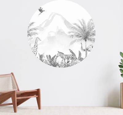 Muurcirkel zelfklevend behang - Jungle dieren in zwart-wit - Wanddecoratie - 080cm behangcirkel - Ronde sticker voor aan de muur - Behangsticker verkrijgbaar in verschillende formaten