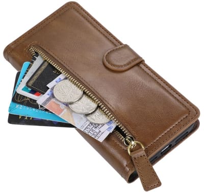 Premium vintage portemonnee hoesje met ritssluiting flip-cover hoes met kaarthoudersleuven Geschikt voor: Apple iPhone 14 Plus - Donkerbruin