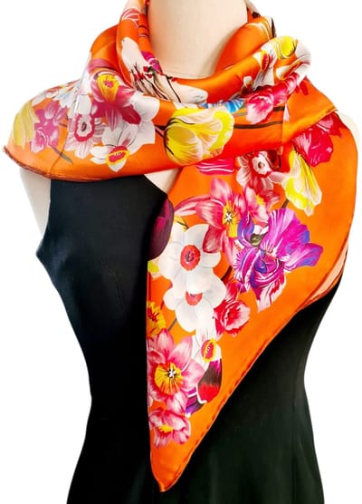 Mooie Zijden sjaal 90X90 CM Oranje -Bloemenprint 100% Mulberry silk - Duurzaam, glad, zacht- Colorful Silk scarf - 100% puur -100% Zijde- zijden sjaal- Luxe shawl-Omslagsjaal- Valentijnsdag cadeau| Moederdag cadeau