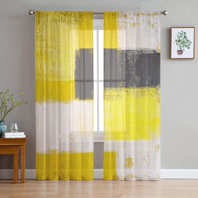 Olieverf Stijl Abstract Geometrisch Geel Transparante Gordijnen voor Woonkamer Decoratie Raamgordijnen Keuken Tule Voile Gordijnen W135 x H115cm x1 yellow