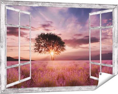 Gards Tuinposter Doorkijk Bloemenveld met Lavendel bij Zonsondergang - 120x80 cm - Tuindoek - Tuindecoratie - Wanddecoratie buiten - Tuinschilderij