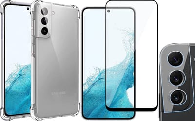Hoesje geschikt voor Samsung Galaxy S22 - Anti Shock Proof Siliconen Back Cover Case Hoes Transparant - Full Tempered Glass Screenprotector - Camera Lens Protector