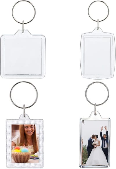 4 stuks acryl fotosleutelhangers, transparante fotolijst, sleutelring, dubbelzijdige blanco sleutelhanger voor geschenken, souvenirs, handwerk, vierkanten, 4 maten