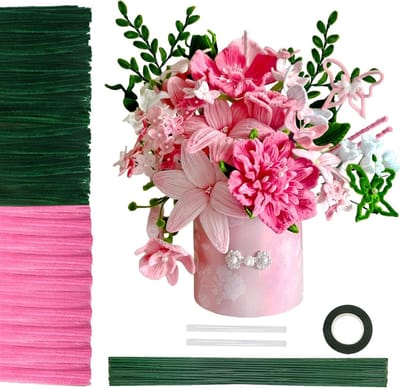 200 Stuks Bloemboeket Pijpenragers Roze Tulpen Set voor Creatieve Handwerken met Bloemdraad en Bloemlint voor DIY Decoraties en Ambachten