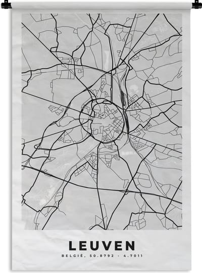 Wandkleed - Wanddoek - Zwart Wit – België – Plattegrond – Stadskaart – Kaart – Leuven - 120x180 cm - Wandtapijt
