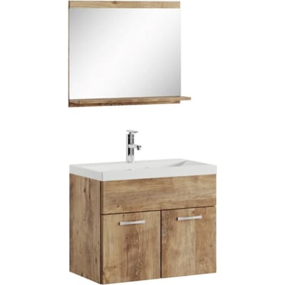 Badplaats Badkamermeubel Montreal Set 02 60 x 35 cm – Kastanje Eiken – Hangend Meubel met Wastafel en Spiegel