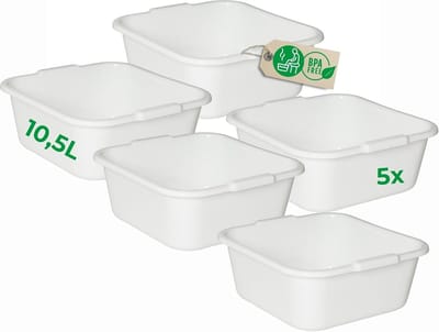 Novaliv 5x Vierkante Afwaskommen 10,5L, 34x34 cm, Wit, BPA-vrij & Vaatwasserbestendig - Ideaal voor Keuken en Camping, Bad, Grote Plastic Kom, Vierkante Afwaskom, Afwasbak, Afwaskom
