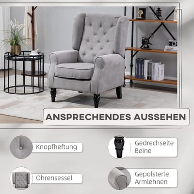 Fauteuil Grijs - Oorensessel Met Knopen En Houten Poten - Comfortabele 1-Zits Voor Woonkamer En Leeshoek - Polyester
