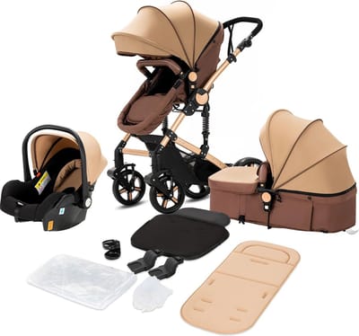Luxe 3-in-1 Kinderwagen - Wandelwagen - Autostoeltje - Buggy - Reiswieg - Inklapbaar - 0-36 Maanden - Khaki