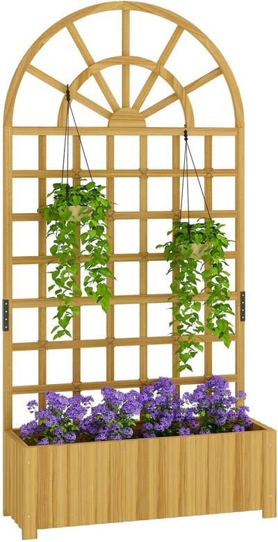 Plantenbak met klimrek - Weerbestendig - Bloembak - Met trellis - Buiten - Hout - Plantenrek - Rechthoekig - 46,9 L - Natuurlijk hout