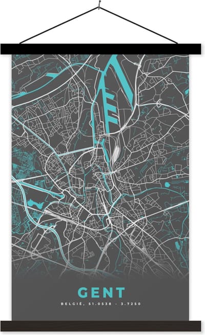 Posterhanger incl. Poster 40x60 cm - Schoolplaat - Kaart – Plattegrond – Stadskaart – Gent – België - Grijs - Textielposter - Zwarte latten - Stadskaart