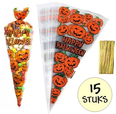 15x Cellofaan Puntzakken Halloween 30x16cm - Puntzak Pompoen - Traktatie Zak - Uitdeelzak - Snoepzak - Inclusief Sluitstrips - 16x30cm - 15 Stuks