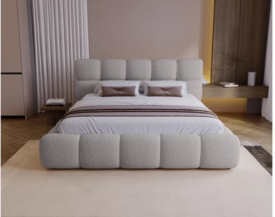 Gestoffeerd Tweepersoonsbed 200x200 cm met Opbergruimte en Hoog Rond Hoofdbord – Luxe Bouclé Design Bed met Houten Lattenbodem – Lichtgrijs – Boston Elegance – Laura