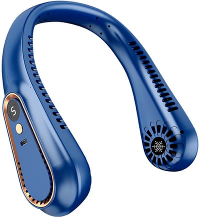 Nekventilator Draagbare nekventilator - USB oplaadbare persoonlijke ventilator - Draadloze koeling zonder bladen - Ventilatoren die koude lucht blazen - Digitaal display - Blauw