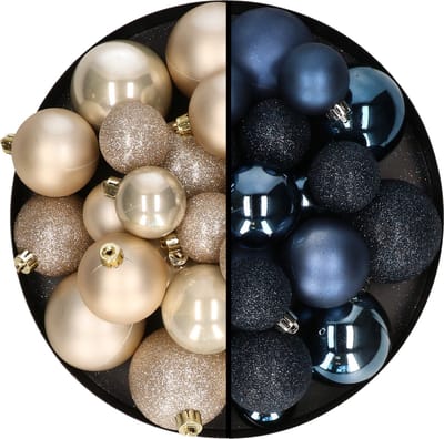 Kerstballen 60x stuks - mix donkerblauw/champagne - 4-5-6 cm - kunststof - kersversiering