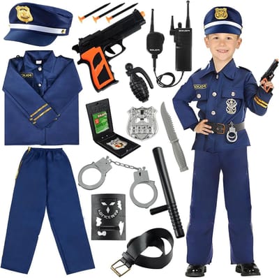 Kinderen Politie Kostuum Set, 14 Delen, Carnaval Outfit met Politie Shirt, Broek, Hoed, Handboeien, Walkietalkie en Politie Badge voor Feestjes en Verkleedpartijen