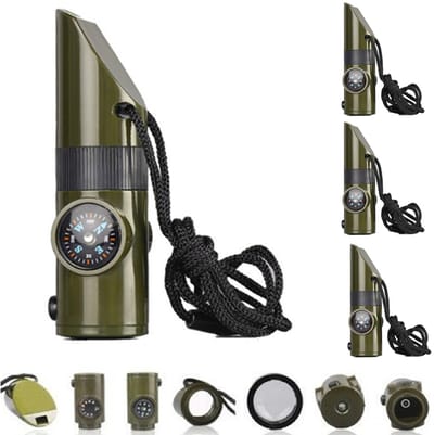 4 stuks Noodoverlevingsfluitje, 7-in-1 multifunctionele veiligheidsfluit voor buiten met koord, ideaal voor kajakken, varen, wandelen, kamperen, klimmen, vissen en reddingssignalen, slijtvaste noodfluit, kampeeroverlevingstool met koord - Cyslmuk®