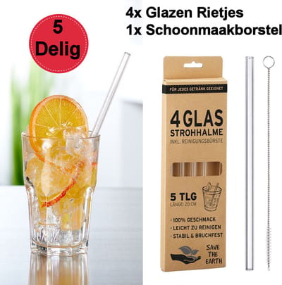 5-Delige Glazen Drinkrietjes Set - Bestaande uit: 4x Rietjes van Glas + 1x Schoonmaakborstel - Glazen Drink Rietjes - Rietjes herbruikbaar