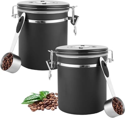 Set van 2 luchtdichte koffiecontainers van roestvrij staal, 450g capaciteit, inclusief lepel - Ideaal voor koffiebonen, thee, noten en cacao opslag
