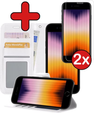 Hoesje - Met 2x Screenprotector - Geschikt voor Apple iPhone SE (2022) - Luxe Pasjeshouder - Flip Case - Bookcase Portemonee - Kunstleer Book Case - Flipcase Hoes - Book Cover - Walletcase - Portemonneehoes - Telefoonhoes - Wit