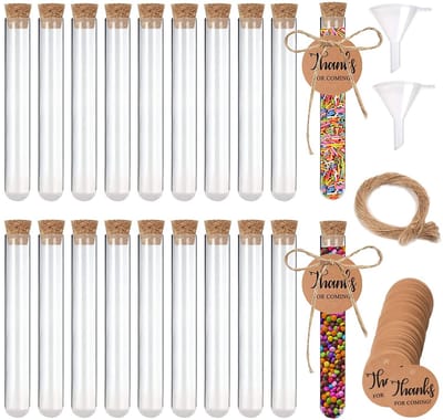 Dailygoods - 42 stuks reageerbuizen met kurk, transparant kunststof, 16 x 100 mm, reageerbuis van kunststof met 50 hangers van kraftpapier, 2 trechters, 20 m henneptouw voor doe-het-zelf badzoutbonbons