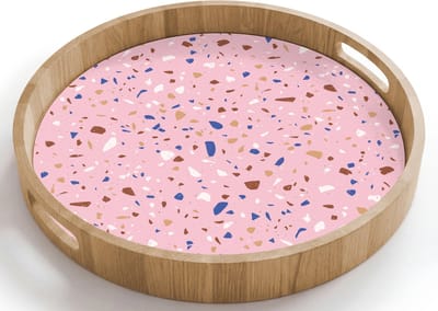 Dienblad rond 40x40 cm - Schootdienblad hout - Terrazzo - Patroon - Kleurrijk - Roze - Borrelplank rechthoek - Plateau houten dienbladen