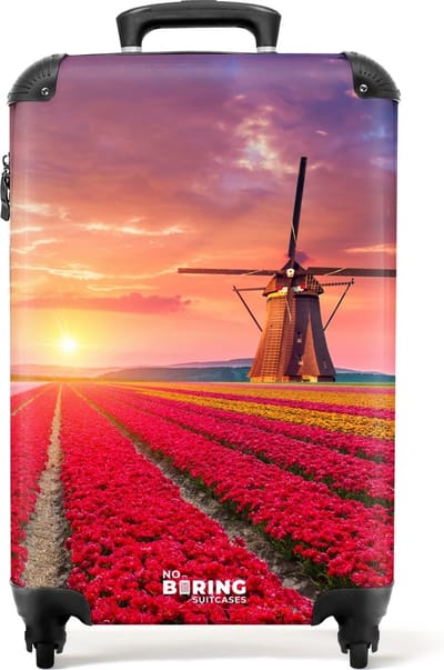 NoBoringSuitcases.com® - Handbagage koffer lichtgewicht - Reiskoffer trolley - Bloemenveld met een molen - Rolkoffer met wieltjes - Past binnen 55x40x20 en 55x35x25