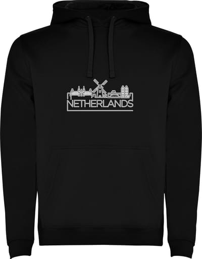 Zwarte unisex hoodie met “ Skyline Netherlands - Nederland – Vakantiegevoel – Strak – Modern “ Print Full Color Color merk Roly maat S