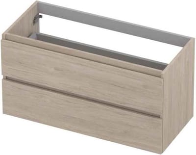 INK® wastafelonderkast 2 laden greeploos met houten keerlijst 100x45x52cm, ivoor eiken