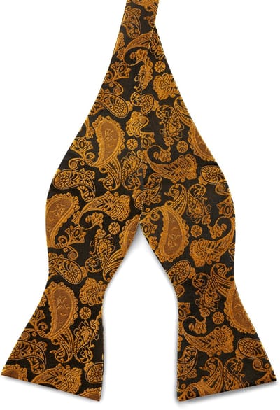 Zijden zelfbinder vlinderdas met goud en bruin paisleymotief