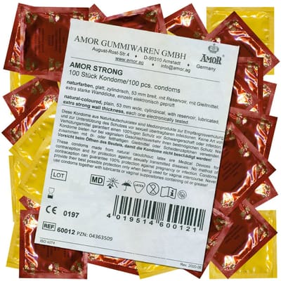 AMOR Premium Strong Condooms, Met extra dunne of extra starke wanddikte 0,08 mm, Ø 53 mm, 100 stuks