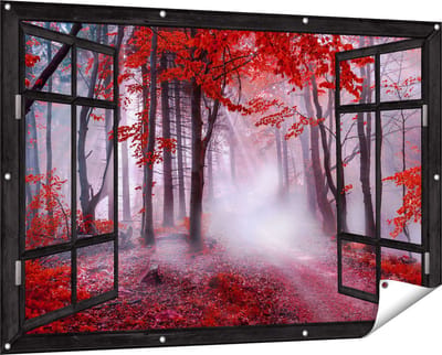 Gards Tuinposter Doorkijk Rood Bos met Bomen - 150x100 cm - Tuindoek - Tuindecoratie - Wanddecoratie buiten - Tuinschilderij