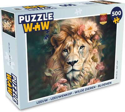 Puzzel Leeuw - Leeuwenkop - Wilde dieren - Bloemen - Legpuzzel - Puzzel 500 stukjes
