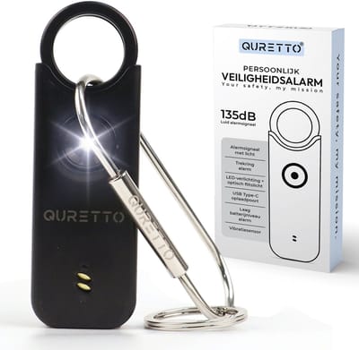 QURETTO® Persoonlijk Alarm 135 dB met Vibratiesensor – Inbraak- & Noodalarm – Veiligheidsalarm Sleutelhanger – Voor Vrouwen, Ouderen & Kinderen – Zelfverdediging & Wolvenverjager – USB-C Oplaadbaar met LED Zaklamp – Alarmknop